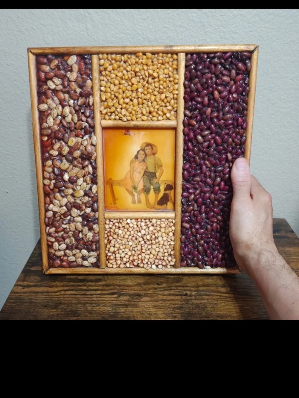 1970s Norman Rockwell "Sweet Serenade" Print Handmade Seed & Bean Mosaic Frame